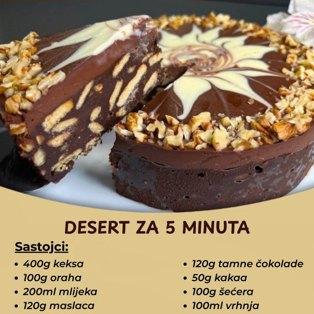 Desert za 5 minuta – Kolač s orasima i 2 vrste čokolade bez pečenja